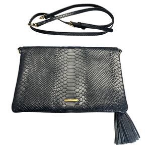 Gigi New York Clutch Crossbody Bag Navy Embossed Python Leather Gold Logo Tassel